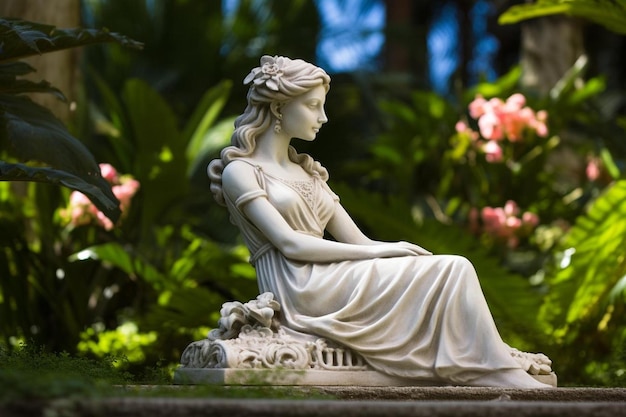 una statua di una donna seduta in un giardino.