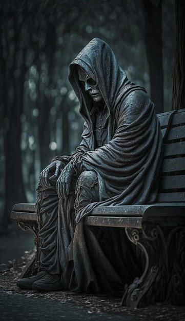 Una statua di una figura incappucciata siede su una panchina al buio.