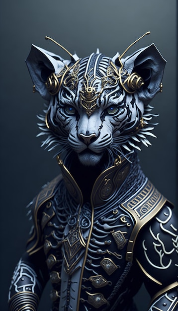 Una statua di una tigre con una catena d'oro al collo.