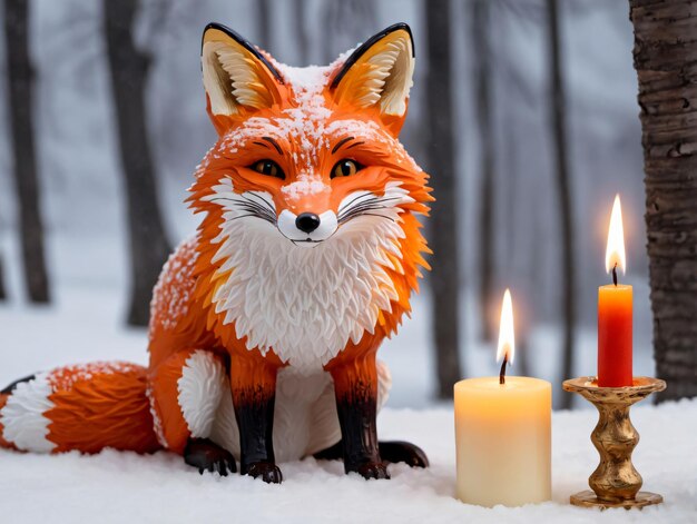 Una statua di volpe accanto a una candela e una candela
