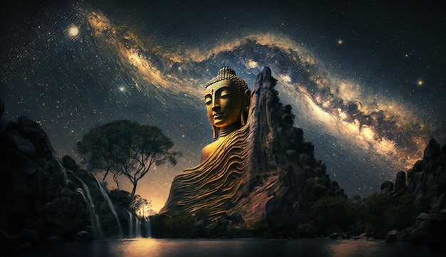 Una statua dorata del Buddha con la Via Lattea sullo sfondo