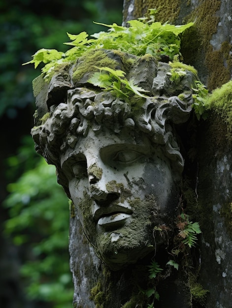 una statua in pietra del viso di un uomo coperto di muschio