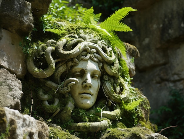 una statua in pietra di una testa da cui crescono viti