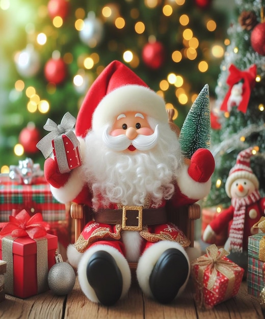 una statuetta di Babbo Natale è seduta su una scatola con regali
