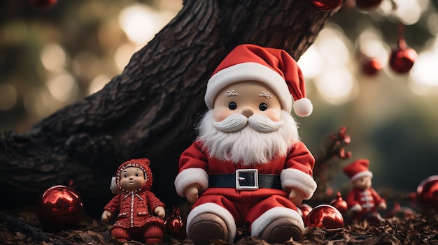 Una statuetta di Babbo Natale seduta vicino all'albero di Natale Decorazione natalizia AI generativa