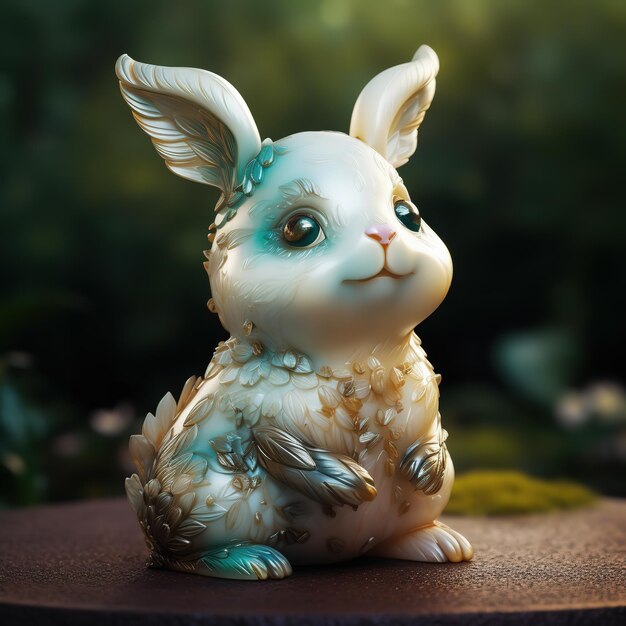Una statuetta di coniglio con occhi azzurri e occhi verdi si trova su una superficie di pietra.