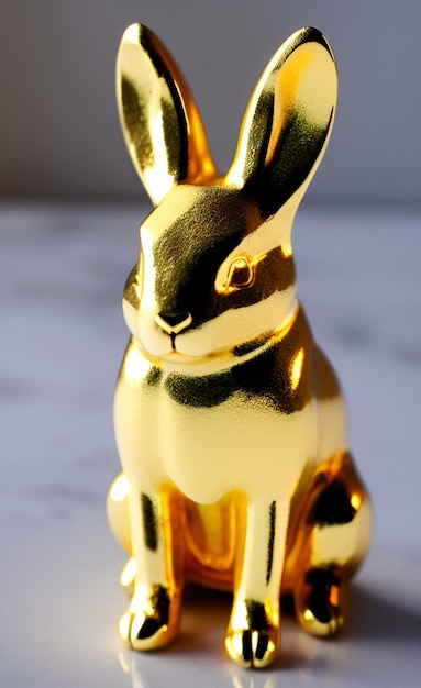 Una statuetta di coniglio d'oro è seduta su un bancone di marmo.