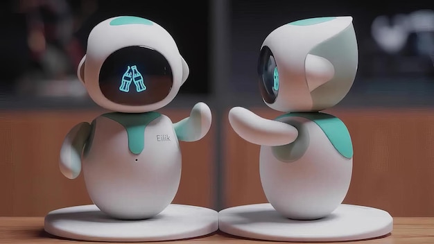 una statuetta di robot con un simbolo blu sulla faccia