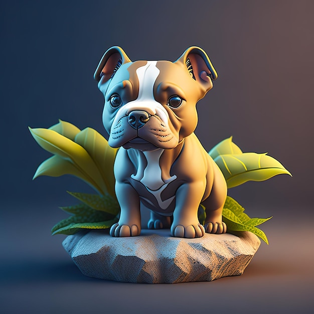 Una statuetta di un bulldog con delle foglie verdi sopra