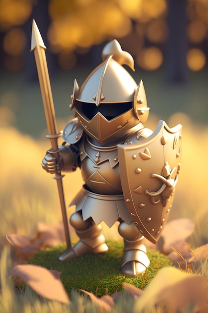 Una statuetta di un cavaliere che impugna una spada e indossa un'armatura d'oro.
