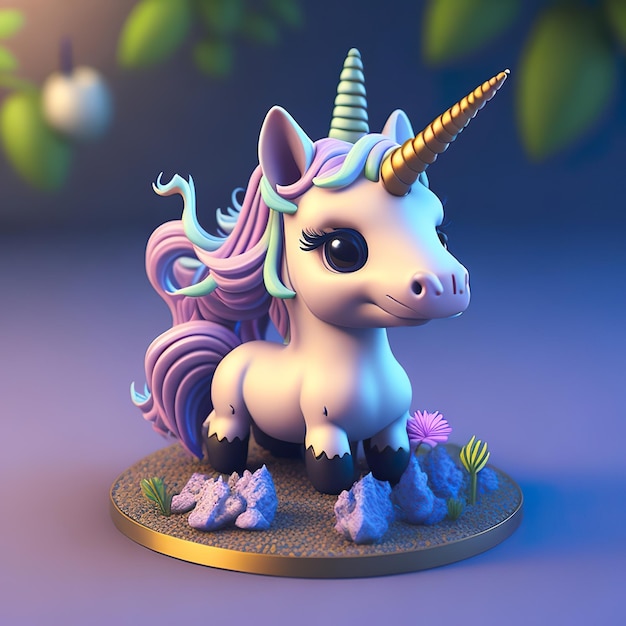 Una statuetta di un unicorno con capelli viola e coda viola.