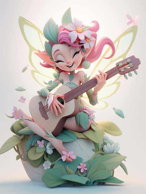 Una statuetta di una fata che suona una chitarra.