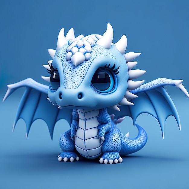 Una statuina di drago blu con coda bianca e ali blu.