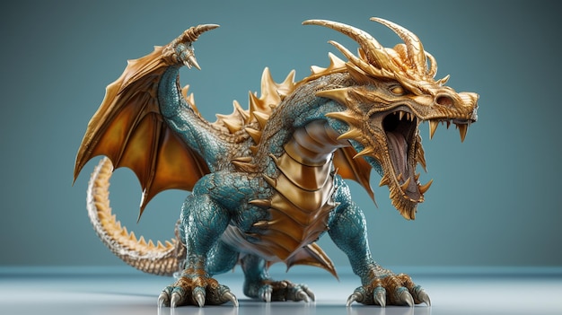 Una statuina di drago con corpo blu e coda dorata.