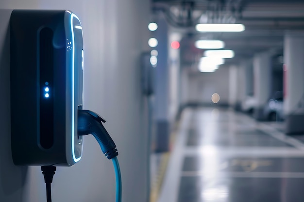 Una stazione di ricarica per auto elettriche è mostrata in un parcheggio Generative AI