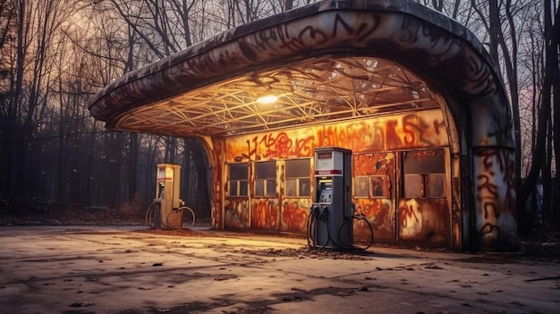 Una stazione di servizio con graffiti sul tetto