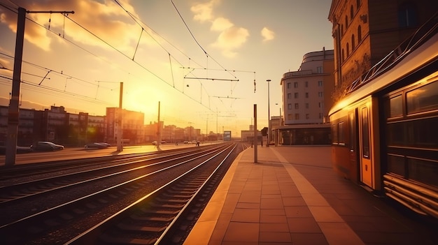 Una stazione ferroviaria con un tramonto sullo sfondo
