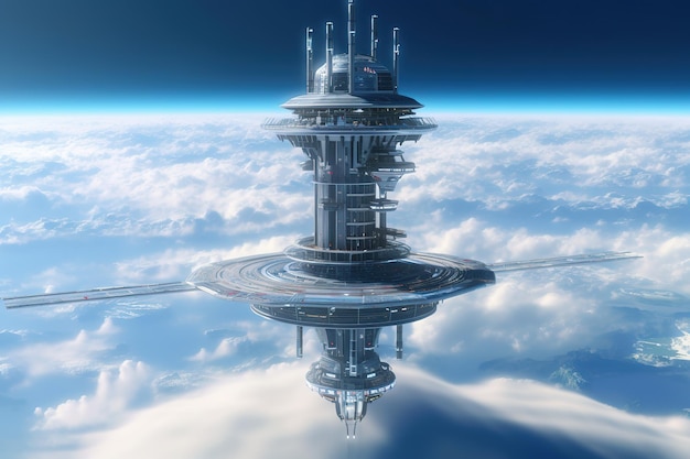 Una stazione spaziale o un ascensore spaziale Un'illustrazione di una grande torre generativa di IA