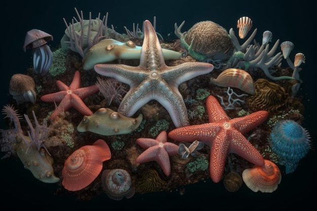 Una stella marina e altre creature marine sono su uno sfondo scuro.