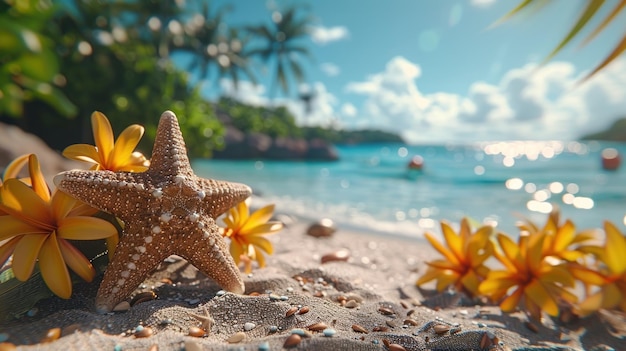 Una stella marina riposa su una spiaggia sabbiosa circondata da fiori gialli