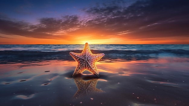 Una stella marina sulla spiaggia al tramonto