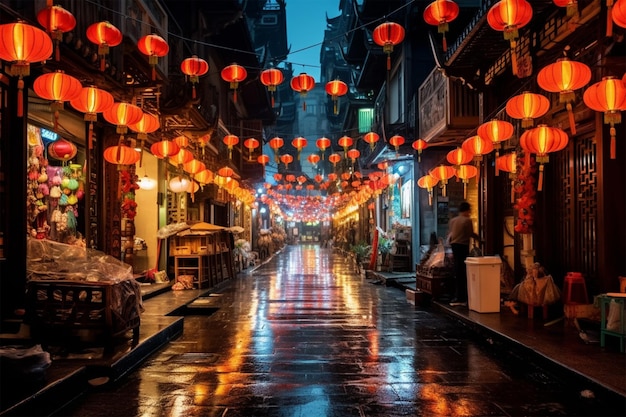 Una strada a Shanghai con un cartello che dice "lanterne cinesi"