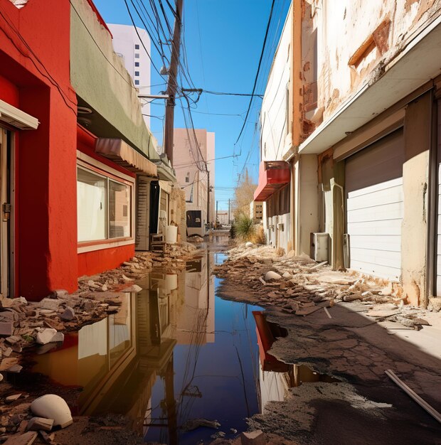 una strada allagata con un edificio rosso sullo sfondo.