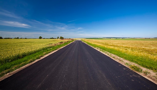 Una strada asfaltata con un cielo azzurro senza nuvole