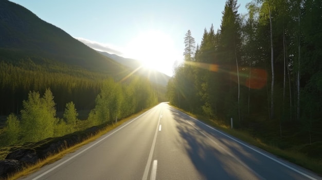 Una strada attraverso un paesaggio boschivo illuminato dal sole