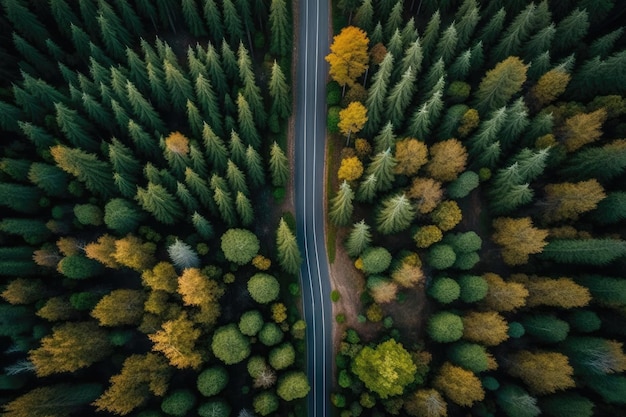 Una strada attraverso una foresta con alberi