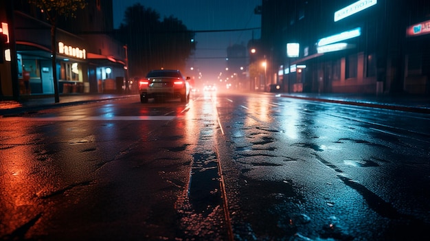 Una strada bagnata con alcune luci accese di notte IA generativa