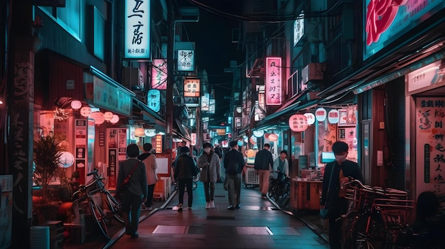 Una strada buia con insegne al neon che dicono "shibuya"