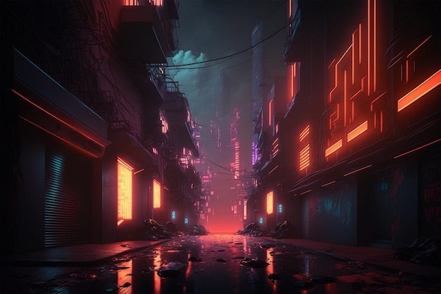 Una strada buia con luci al neon e un cartello che dice "cyberpunk"