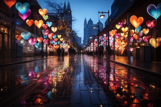 Una strada buia della città con decorazioni di cuore grande vibrante e colorato e coppie che camminano