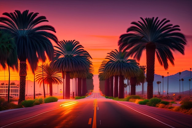 Una strada californiana con palme e un tramonto