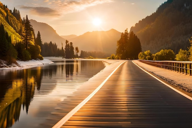 Una strada che conduce a un lago con un tramonto sullo sfondo