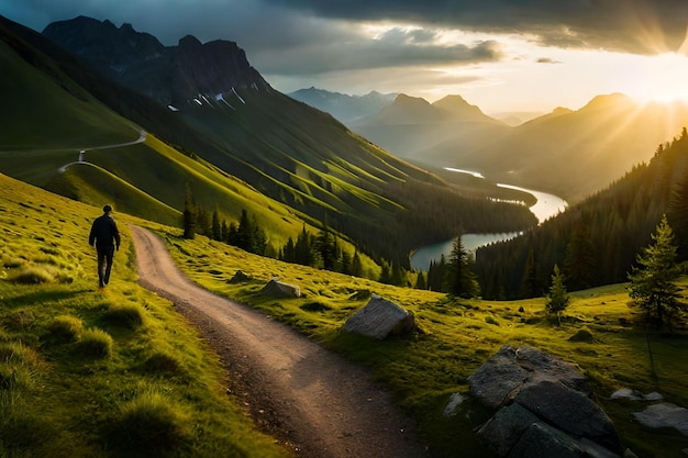 Una strada che conduce a un lago di montagna