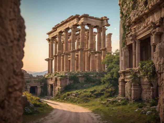 Una strada che conduce a un tempio con il sole che tramonta alle sue spalle