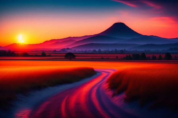 Una strada che conduce a una montagna con un tramonto sullo sfondo