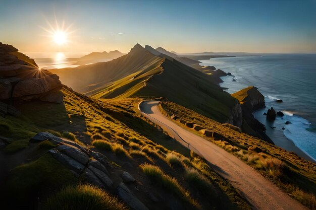 Una strada che conduce a una montagna con un tramonto sullo sfondo.
