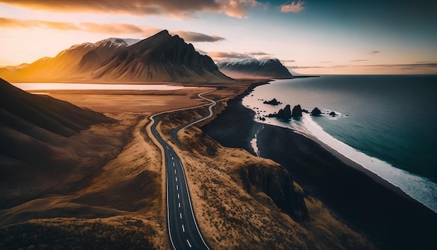 Una strada che conduce a una montagna in Islanda