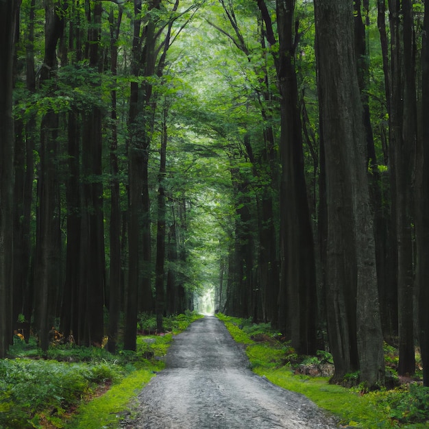 Una strada che ha alberi su di essa che hanno la parola foresta