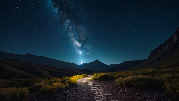 una strada che porta ad una montagna con un cielo pieno di stelle e un sentiero che porta ad un monte