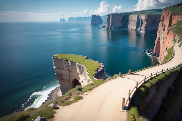 Una strada che porta al mare con una scogliera sullo sfondo