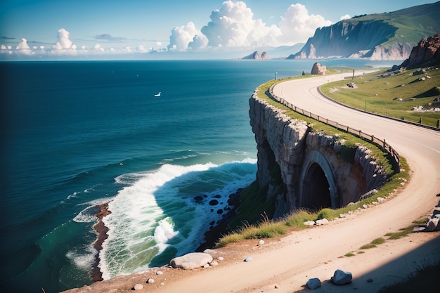 Una strada che va nell'oceano con un cielo blu e nuvole sopra di essa.