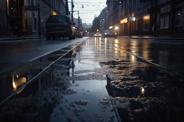 Una strada cittadina bagnata con una pozzanghera d'acqua che genera IA