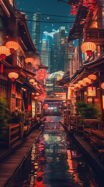 Una strada cittadina cinese con una scena di strada in stile cinese