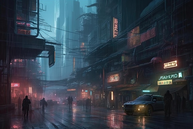 Una strada cittadina con insegne al neon che dicono "cyberpunk"