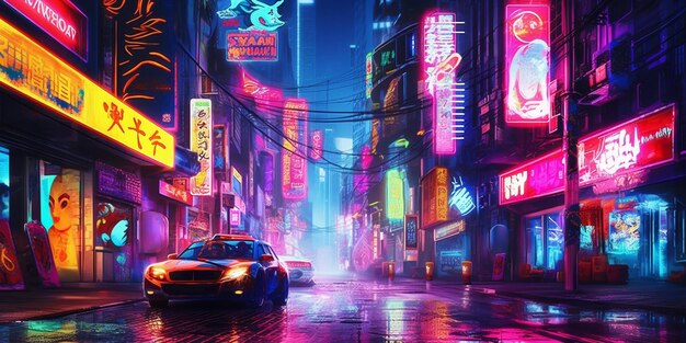 Una strada cittadina con insegne al neon e automobili