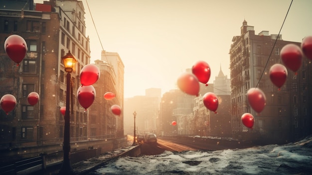 Una strada cittadina con palloncini che fluttuano nell'aria